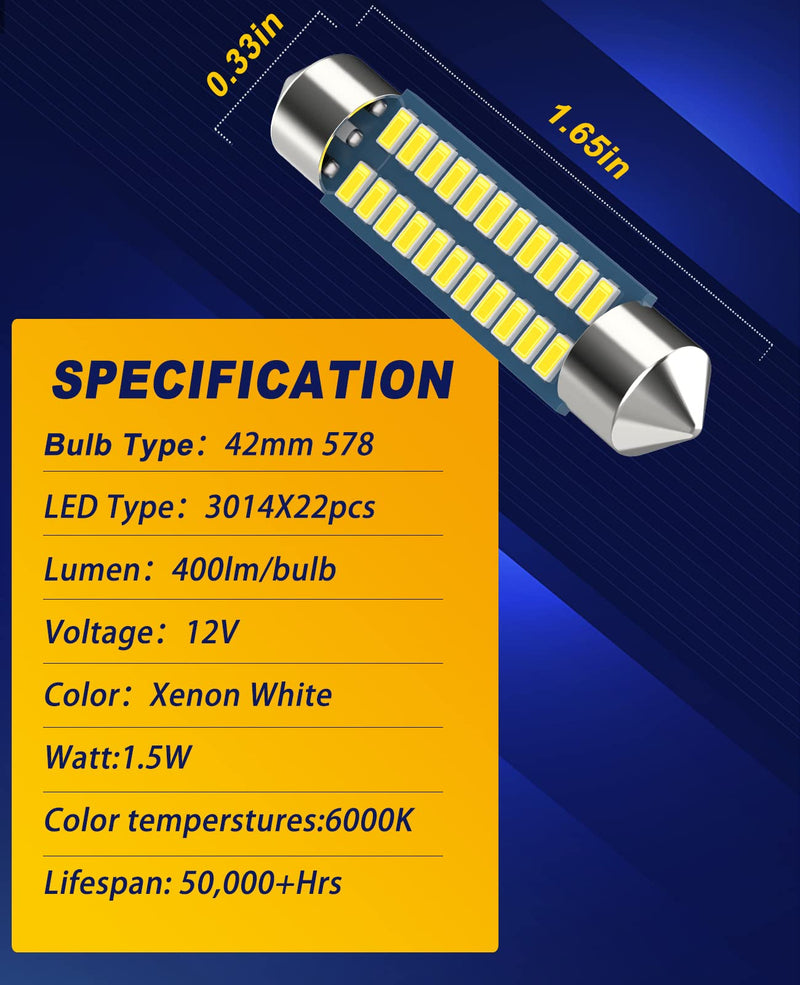 Serundo Auto 578 Led Bulb 211-2 41mm 42mm 1.65in for Car Map Light Dome Light, 6000k White Super Bright Interior Led Festoon Bulb,Pack of 4pcs 42mm 578 4pcs
