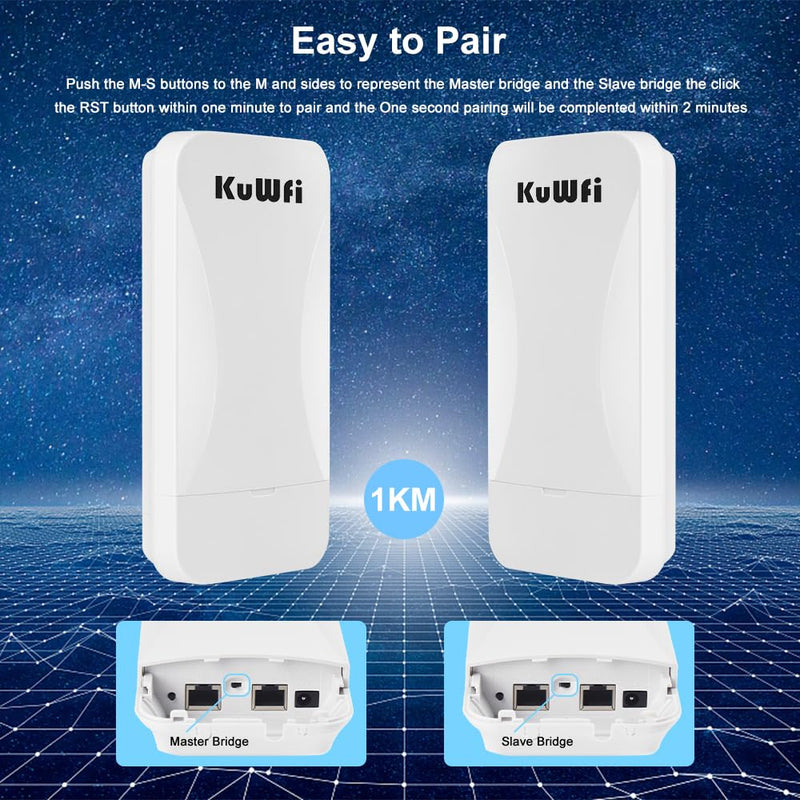 KuWFi Point to Point Wireless WiFi Bridge 2.4G Long Range CPE Indoor/Outdoor 1KM Transmission Distance Solution for PTP/PTMP IP65 Weatherproof 11DBI Antenna WB2F01 2.4G