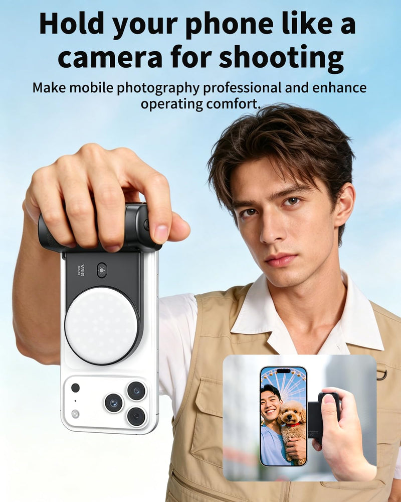 VRIG MG-35 Magnetic Phone Camera Grip for iPhone/Android with Detachable Wireless Shutter Remote,Three-Gear Adjustable Fill Light, 1/4" Tripod Screw - Comfort Ergonomic Camera Grip Handle Holder MG-35 Grip