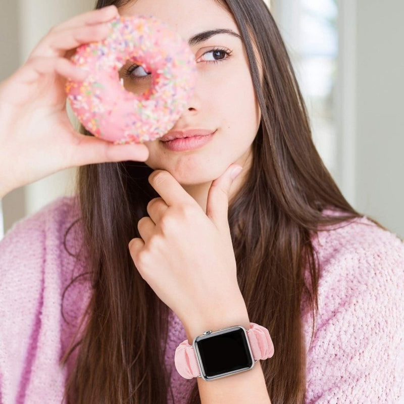 4 Pack Scrunchie Band Compatible with Apple Watch Bands 38mm 40mm 41mm 42mm 44mm 45mm 46mm 49mm Women, Scrunchy Bracelet Strap for iWatch Series 11 10 9 8 7 6 5 4 3 2 1 SE 3 2 1 Black/Pink/Pine Green/Floral Lace 38/40/41mm/(42mm-series 11 10)-s