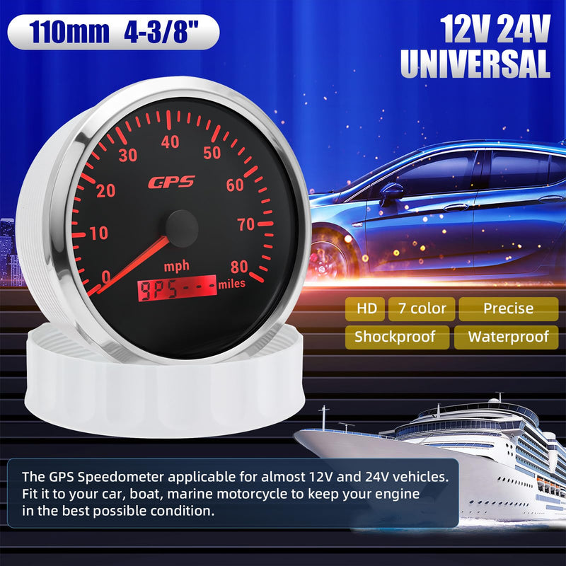 ARTILAURA 110mm 4-3/8" Boat GPS Speedometer 7 Color 80 MPH GPS Speedometer Gauge Antenna for AUTO Marine(Black & Silver) Black & Silver