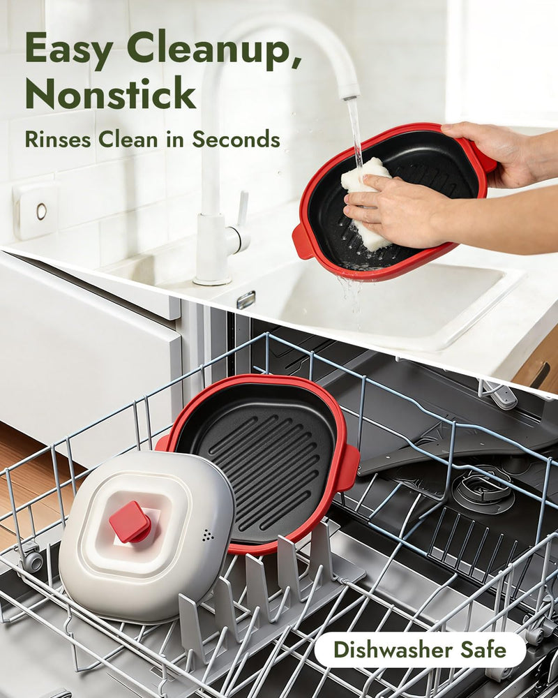 Microwave Grill Pan - Get Real Grill Marks in 5 Minutes, Multi-Cooker (Bake/Fry/Steam) for Steak, Bacon & Veggies. Nonstick, Dishwasher Safe for RV/Dorm/Office Use, Includes Brush