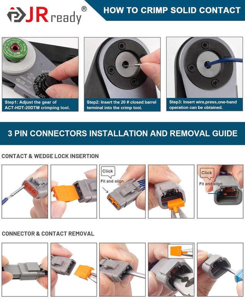 JRready Deutsch DTM 3 Pin Connectors 4 Kits, Waterproof Electrical Wire Connectors with Size 20 Solid Contacts 20-22AWG, ST6330-3 Deutsch Automotive Connectors Kit for Car, Truck, Marine DTM 3 PIN 4 SET