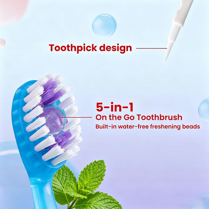 JASUNLEE 70Pack Mini Disposable Toothbrushes 5-in-1 PrePasted Travel Toothbrush with Toothpaste Flosser Pick Tongue Scraper, Individually Wrapped Box, Carry On Essentials for Airplane Camping 70