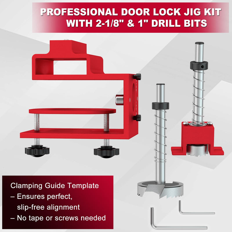 Door Lock Installation Kit for 1-3/8" and 1-3/4" Wooden Doors with Guide Template, Aluminum Alloy Door Hole Drilling Kit, Door Lock Jig Clamp Design Fits 2-3/8" and 2-3/4" Backsets, Drill Bit Included