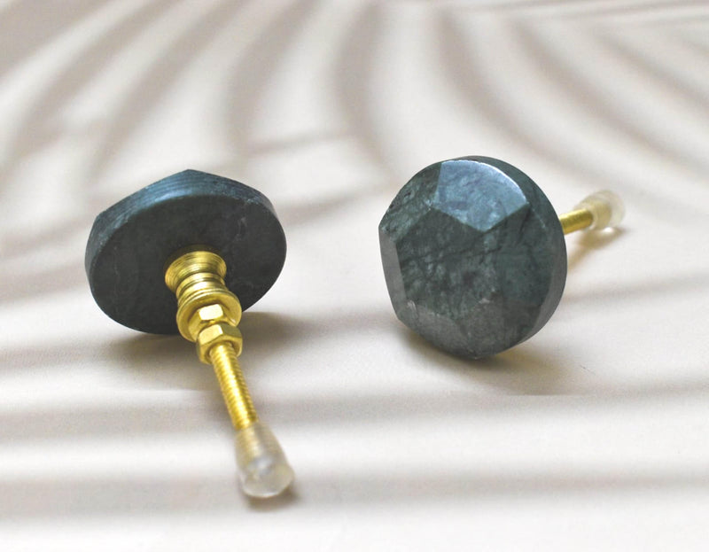 Marble Knobs for Cabinets - Set of 6 Decorative Green Hammered Round Marble Knobs Handmade Kitchen Cabinet Drawer Knobs | Glossy Wardrobe and Dresser Pulls (6 x 3.8 cm)