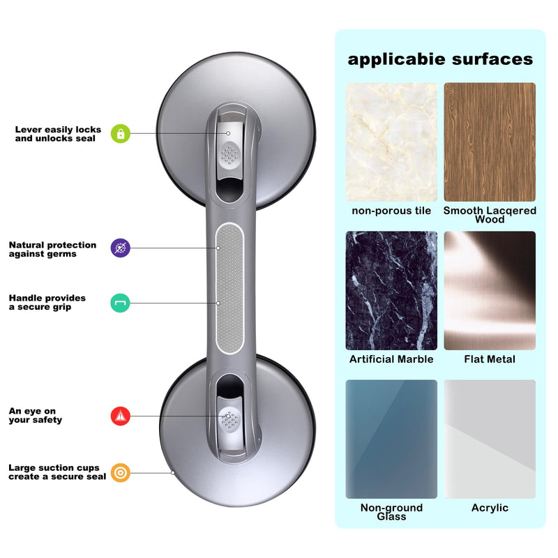 Shower Handle Shower Grab Bars for Bathtubs and Showers,Strong Hold Suction Cup Grip Grab,Bath Handle Heavy Duty Grab Bars for Handicap Elderly Seniors Bathroom（Silver Grey） Silver