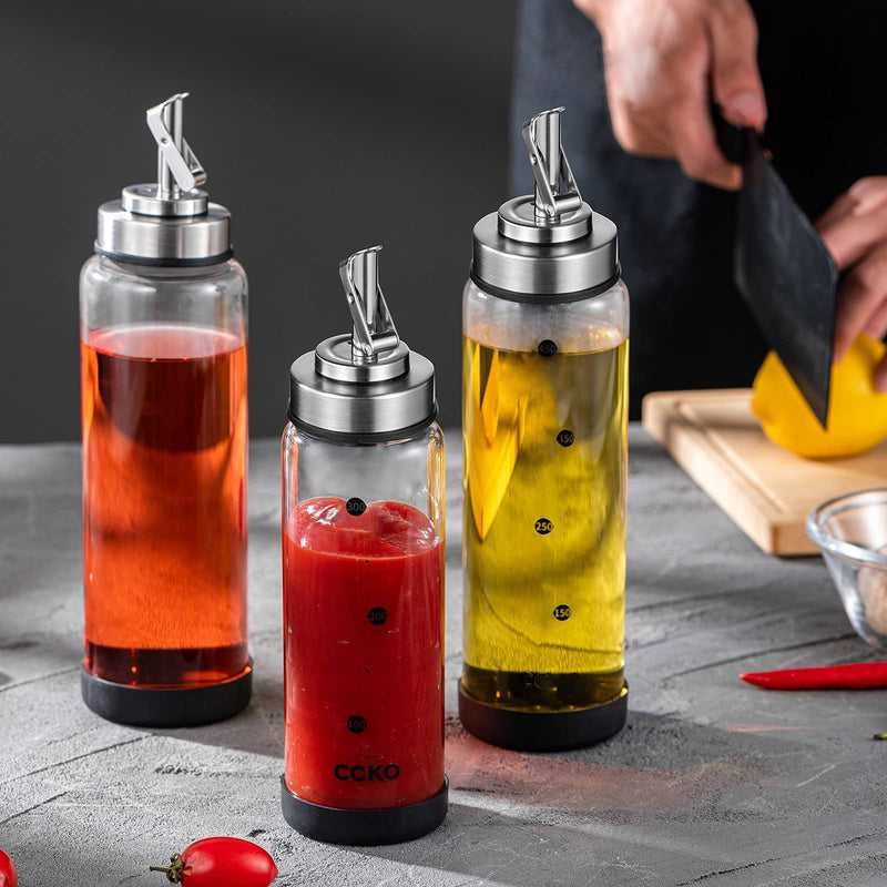 Glass Olive Oil Dispenser Bottle Shatterproof and Leakproof with Stainless Steel Spouts High Temperature Resistant 17oz Cooking Oil and Vinegar Cruet Dispenser 17 Ounces 500ml Sand Steel Color