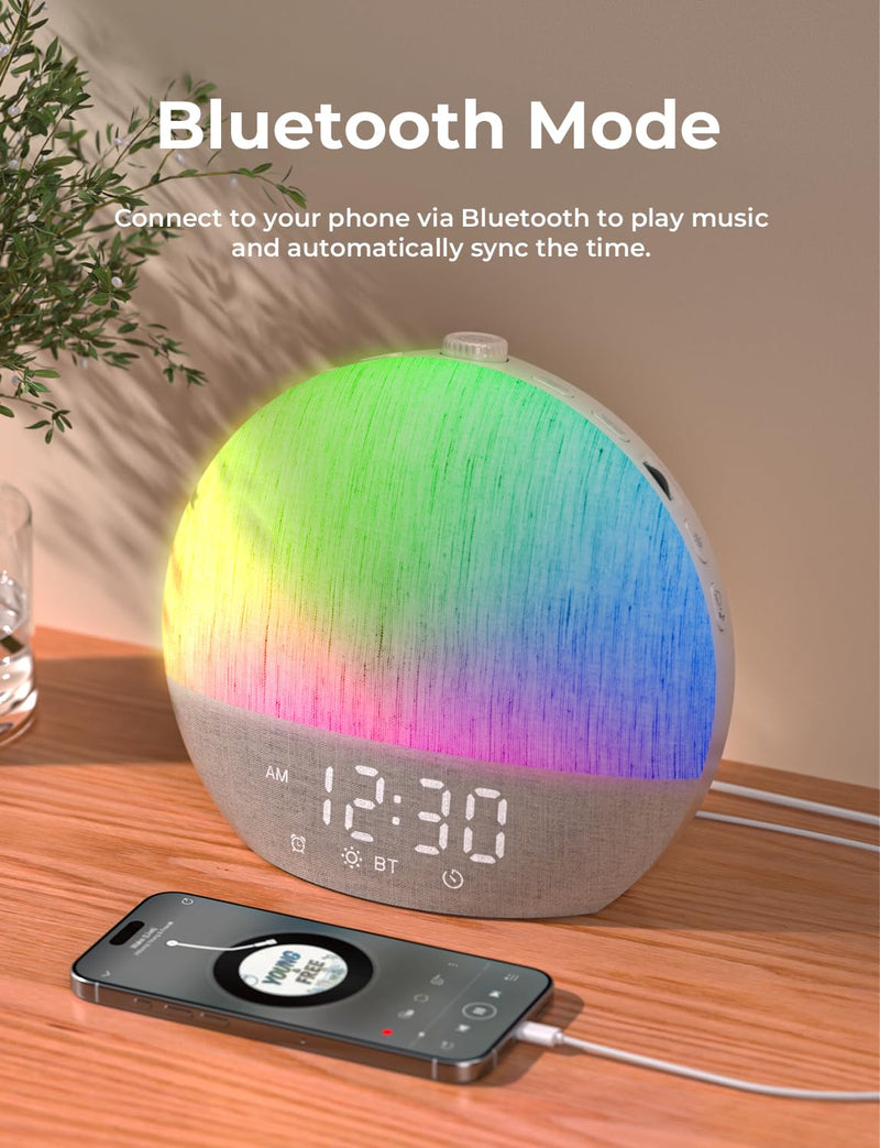 LIORQUE Sunrise Alarm Clock, Digital Alarm Clocks Bedside, Wake up Light with White Noise for Heavy Sleepers, 30 Sleep Sounds, Sleep Timer, Adjustable Volume & Brightness,Screen Free Design, Bluetooth