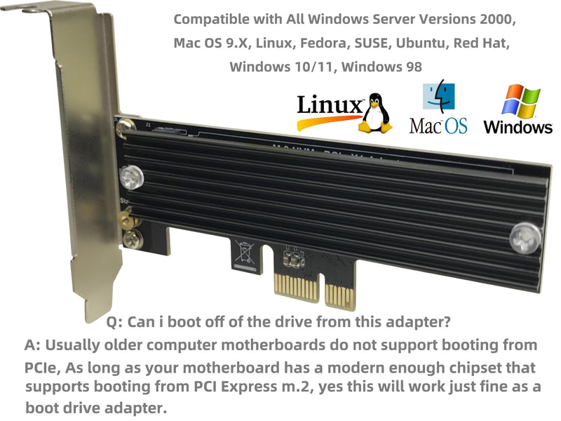 M.2 PCIe NVMe X1 Adapter with Aluminum Heat Sink, Support PCIe 3.0 4.0 X1 X4 X8 X16 Slot.