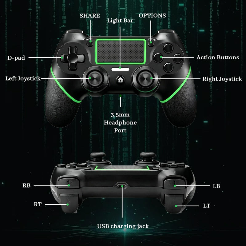 LZXWAWA Wireless Controller for Ps4 Controller Ps4/Slim/Pro/Windows PC | Touchpad/Vibration/Turbo/Built-in Speaker&3.5mm Headphone Jack/Six-axis Motion Control/USB-C Charging Cable，Black Green Green Blacck