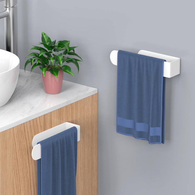 HUFEEOH 2 Pack Adhesive Hand Towel Holder, Kitchen Towel Rack Towel Bars Wall Mounted, Stainless Steel Bath Towel Hanger for Bathroom Hotel Kitchen (White, 8 Inch(2PC)) White 8 Inch (2PC)