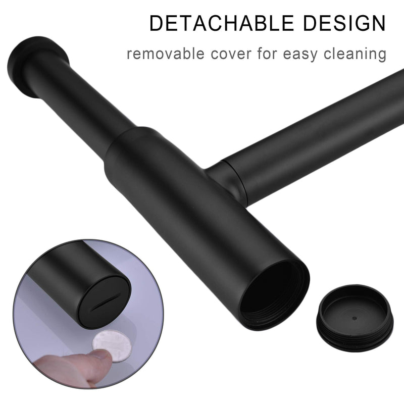 All Brass Round Bottle P Trap, 1 1/4 Bathroom Basin Sink Waste Trap Drain Tube Kit Extra Long Slip Joint Extension Tube Tailpiece for Sink Drain, Adjustable Height Matte Black
