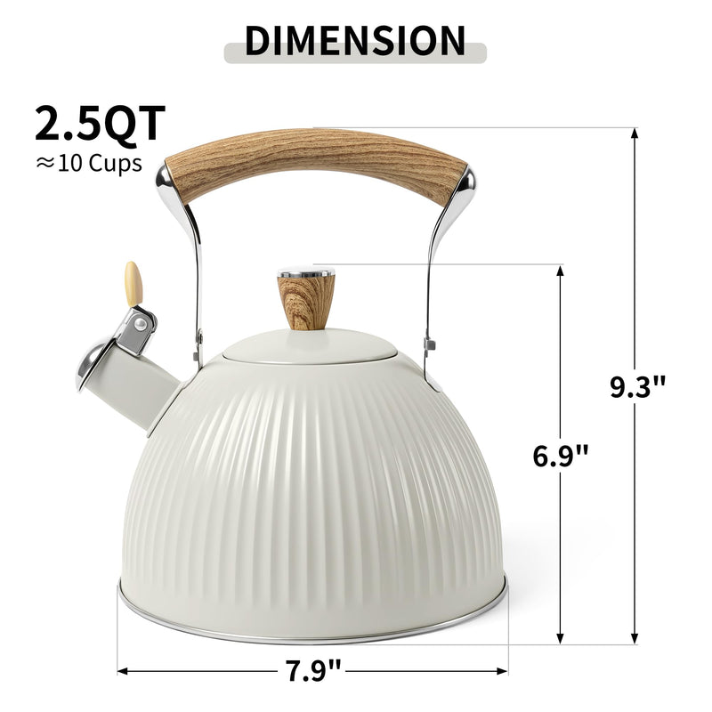 LONFFERY Tea Kettle for Stove Top, 2.5 Quart Whistling Tea Kettle, Stainless Steel and Wood Pattern Folding Handle, Creamy White
