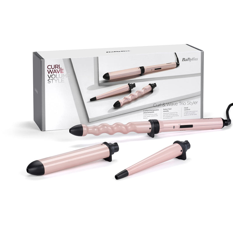 BaByliss Curl and Wave Trio Styler, Multi-Styler, Hair Waver and Hair Curler, Beachy Waves, Loose Waves, 3 in 1 Curling Wand, Pink, 2750U Single