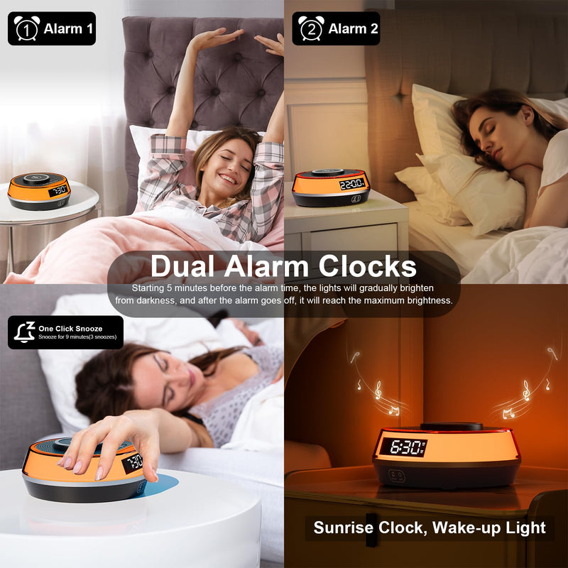 Wireless Charger Alarm Clock for Bedroom, 5W Bluetooth Speaker, 12 Soothing Sounds Machine, Dual Alarms, RGB Light, Ideal Gift for Heavy Sleepers, Adults, Teens, Kids, Senior(Black)