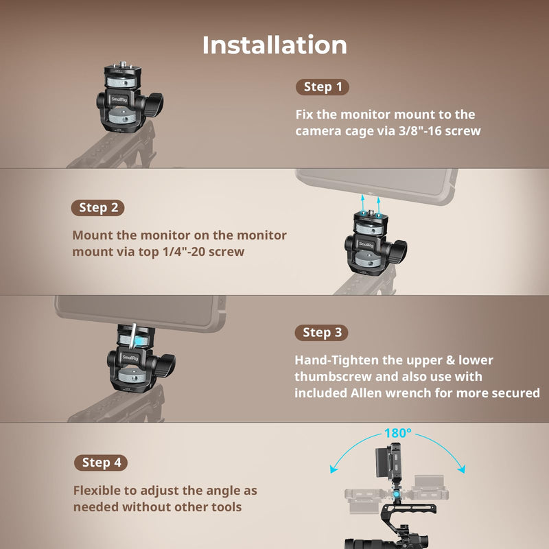 SMALLRIG Adjustable Camera Monitor Mount with 3/8"-16 Locating Screw for ARRI, 360° Swivel and 180° Tilt, Anti-Twist 1/4" Locating Screw, Horizontal & Vertical Shooting 3/8"-16 Screw for ARR