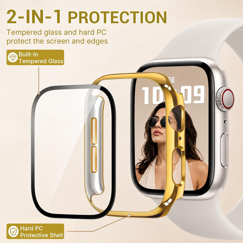 Gold Case with Screen Protector for Apple Watch 42mm Series 11 10 | Built-In Tempered Glass, Hard PC Shell, Touch Sensitive, HD Clear, Shatterproof Protective Design Gold 42mm (Series 11 10)