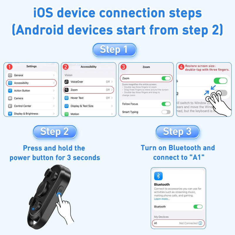 duskeep Bluetooth Camera Remote Shutter with Zoom for iPhone Android, Vlogs | Selfies and travel, photo/video remote control, front/rear switch, USB-C charging, lightweight design, adjustable wrist strap Black