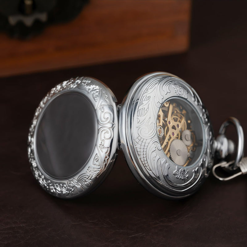 Mechanical Pocket Watch, for Men Women Special Magnifier Half Hunter Engraved Case Roman Numerals with Chain Ab. Silver Blue