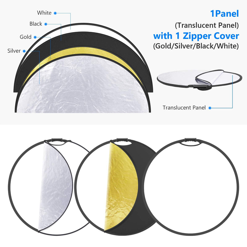 Neewer 5-in-1 Portable Round 32 in/80cm Light Reflector Collapsible Multi-Disc with Single Grip and Bag for Studio Photography Lighting and Outdoor Lighting - Gold/Silver/White/Black/Translucent