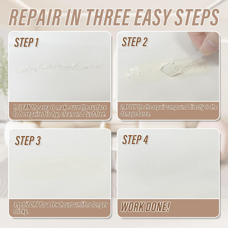 Cream Leather Repair Kit for Furniture, Car Seats, Sofa, Jacket and Purse, PU Leather Leather Repair Paint Gel for Repairing Tears & Burn Holes, with Color Matching Guide & Super Easy Instructions White