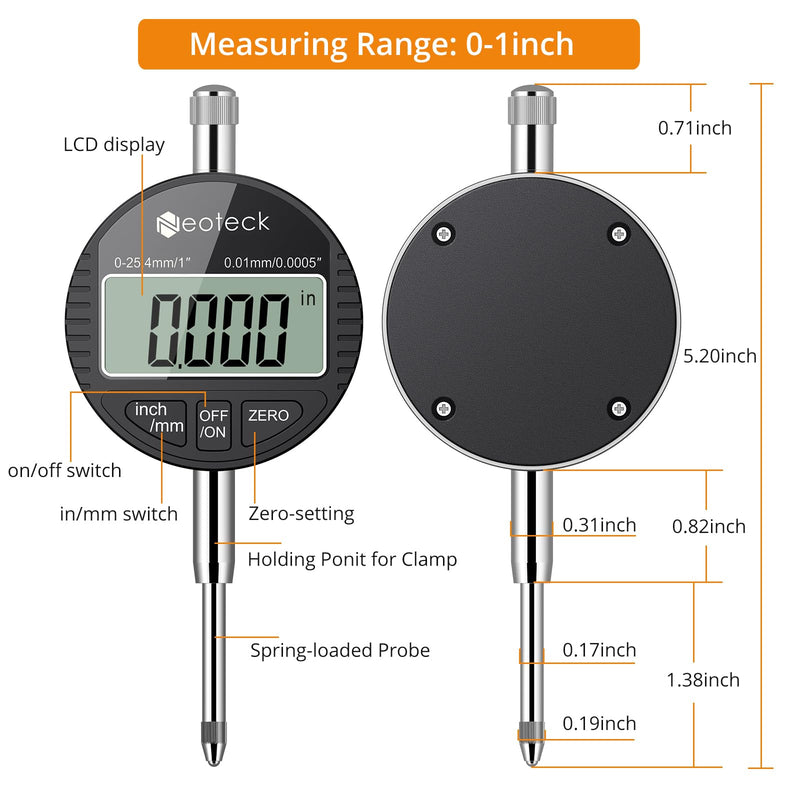 Neoteck Electronic Digital Dial Indicator Gage Gauge 0-1 Inch/25.4 mm Inch/Metric Conversion Auto Off Featured Measuring Tool for 3D Printer Leveling, etc. - Black 0-1''/0.0005''