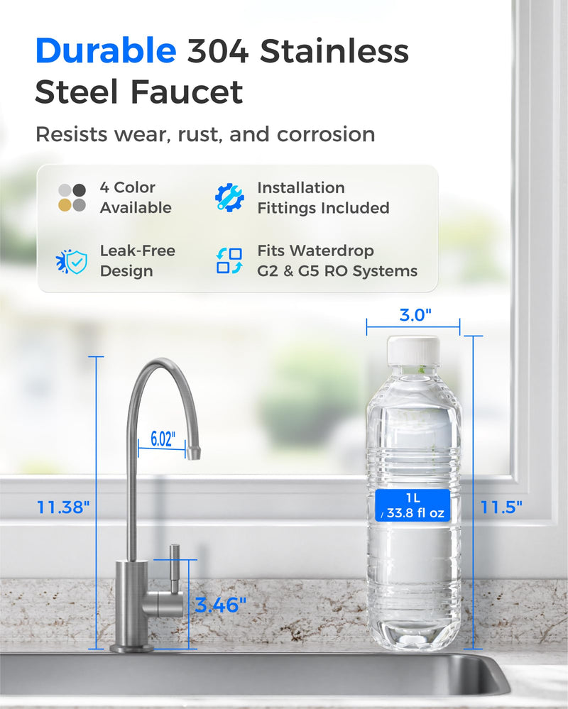 Waterdrop G2FCT-BN Drinking Water Faucet, Reverse Osmosis Faucet, Water Filter Faucet for Kitchen Bar Sink, Single Handle, Easy to Install, Lead-Free, Stainless Steel, Brushed Brushed Stainless Steel