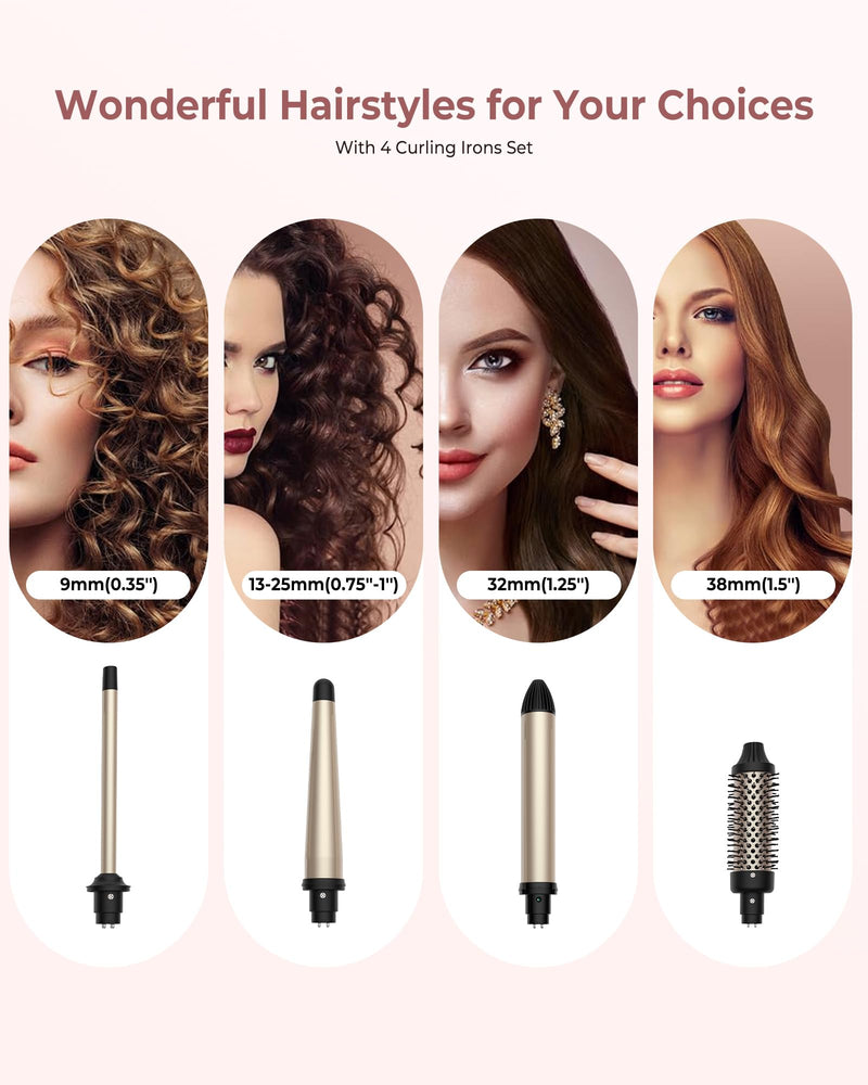 38mm Thermal Brush, UKLISS 4 in 1 Hot Hair Brush Set, 9/13-25/32mm Curling Iron for Short & Long Hair, 14 Temps LCD Display (210-450℉), 4 Interchangeable Barrels to Create Curls & Add Volume for Hair Classic Black(4 in 1 Set)