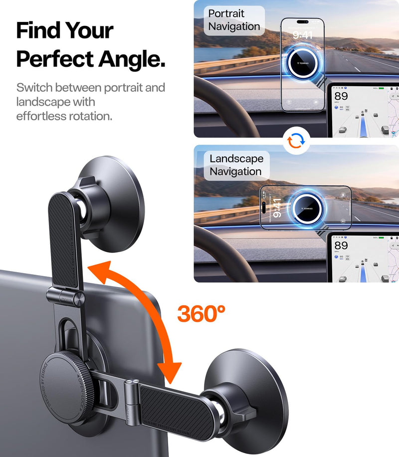 TORRAS Stow Tesla Phone Mount [Hidden & Strong Magnet] 360°Rotation Foldable Tesla Phone Holder Fit for All Phones, Tesla MagSafe Car Mount, Tesla Accessories for Model Y Model 3/S/X/Cybertruck