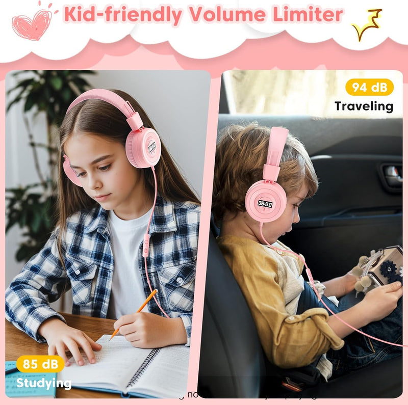 USB C Kids Headphones for School, Upgrade USB Type C Kid Headphone | 94 dB Volume Limiter Wired On-Ear Headset for Kids/Toddlers/Children/Teens/Boys/Girls-Pink