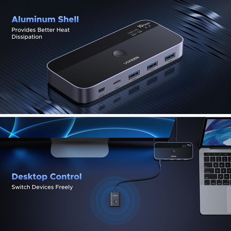 UGREEN 10 Gbps USB-C Switch Support File Sync & Cross-Screen Drag, USBC 3.2 Switch 2 Computers Share 4 USB 3.2 Gen 2 Ports, USB Switcher Selector Sharing Keyboard and Mouse with Controller