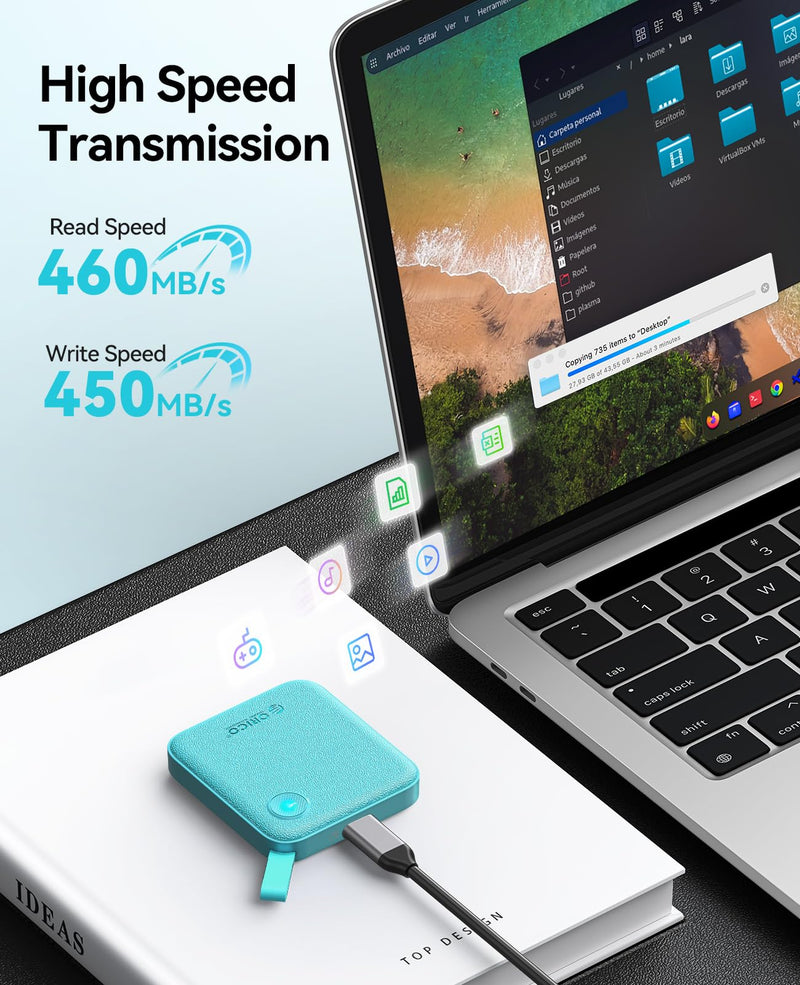 ORICO Portable SSD 512 GB with 2 in 1 USB C Cable, External Solid State Drives, Up to 460MB/s, Status Indicator, Reliable Storage for USB-C Smartphone, PC - B5PLUS(Blue) 512GB Blue