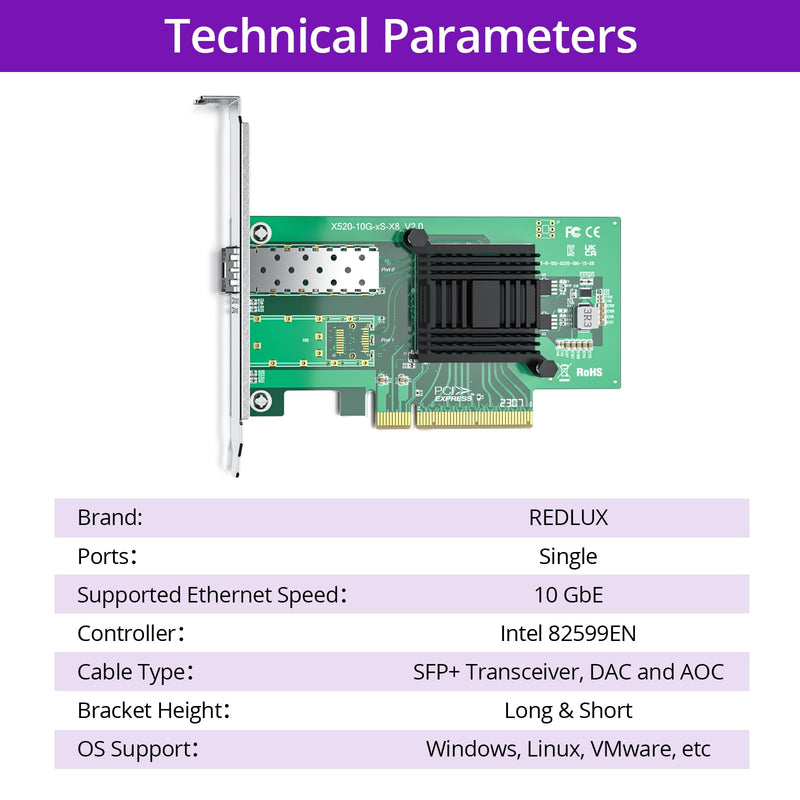 REDLUX 10GB PCI-e Network Card(NIC) with Intel 82599EN Chip, Single SFP+ Port, Compare to Intel X520-DA1, PCIE 2.0 X8, Support Windows/Windows Server/Linux/Vmware Esxi 10G Intel X520 (1xSFP+)