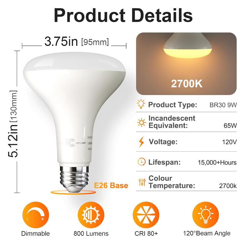 TJOY 12 Pack BR30 Flood Light Bulb Indoor, 65W Equivalent Dimmable Led Recessed Lights Bulb, 2700K Soft Warm White, E26 Base Bulbs for Kitchen Ceiling, Recessed Can, Replacement Incandescent, 9W,800LM 2700k Soft White
