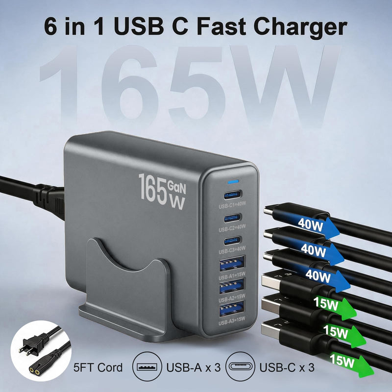 165W Charging Station, 6 Port Desktop Charger, 3 Ports 40W Grey | USB Charger Block, 3 x USB A 15W, 3 x USB C 40W, Compatible with iPhone, Galaxy, MacBook, iPad, Home Office, Travel and More