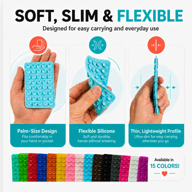 30 Pack Silicone Suction Phone Grip, Double-Sided Suction Cup Phone Holder | 40 Suction Cups for Strong Grip, Washable and Reusable Grips in 15 Colors for Mirrors, Gyms, Cars and Bathrooms