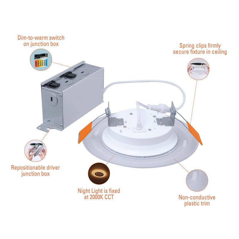 HALO RL 6 in Recessed LED Canless Dual Mode Night Light and Downlight, 1000 Lumens, Selectable CCT 2700K-5000K, Dim to Warm Technology, Matte White - RLNL6109FSD2W1EWHDM 5 CCT with Dim to Warm 6 Inch