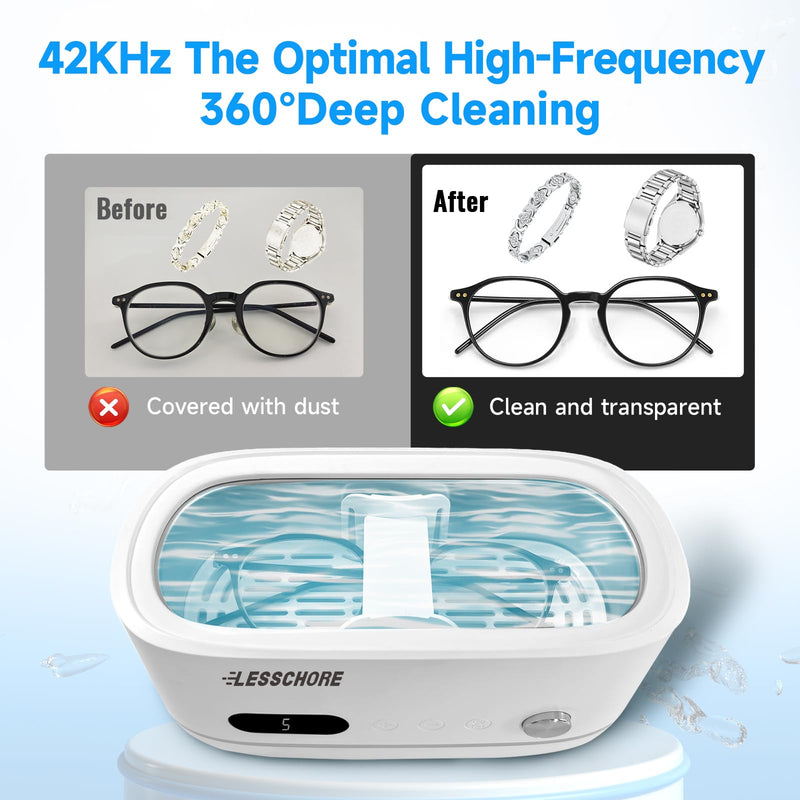 LessChore® Ultrasonic Jewelry Cleaner with Polishing Cloth&Degas, 42000Hz Portable Household Sonic Cleaner. Ideal for Cleaning of Rings, Earrings, Necklaces, Glasses&More. Gift for Women, Mom, Wife