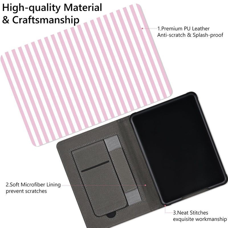 Stand Case for 7" Kindle Paperwhite 12th Pink Stripes | Compatible with Kindle Colorsoft Signature Edition 2024 with Hand Strap | Slim Leather Protective Cover with Auto Sleep/Wake 7" Kindle Paperwhite 12th Generation