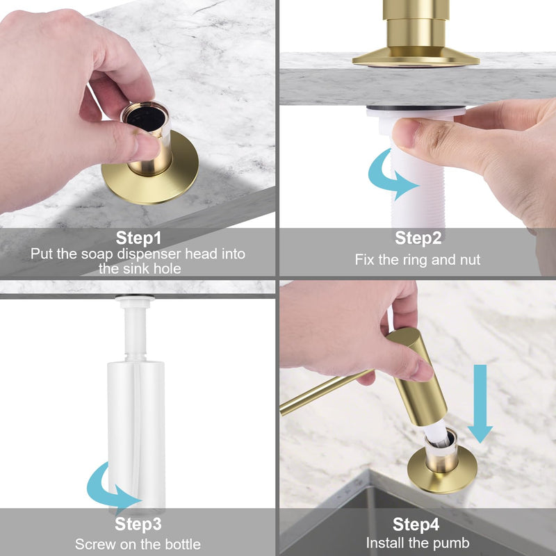 Samodra Sink Soap Dispenser, Metal Pump Head Liquid Lotion Countertop Kitchen Bathroom Soap Dispenser with 12 OZ PET Bottle Brushed Gold