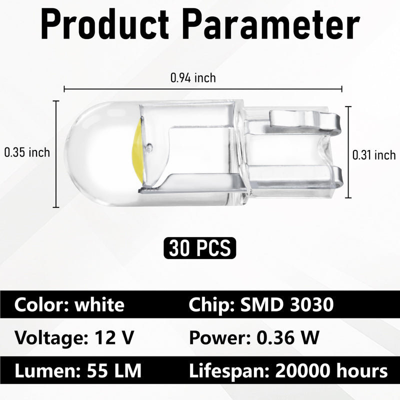 30 PCS Car 194 LED Bulbs, 168 2825 W5W T10 Wedge COB LED Replacement Bulb, 6000K License Plate Light Bulb, Error Free Interior Bulb for Dashboard Light, Dome Lights,License Plate Lights (White) white