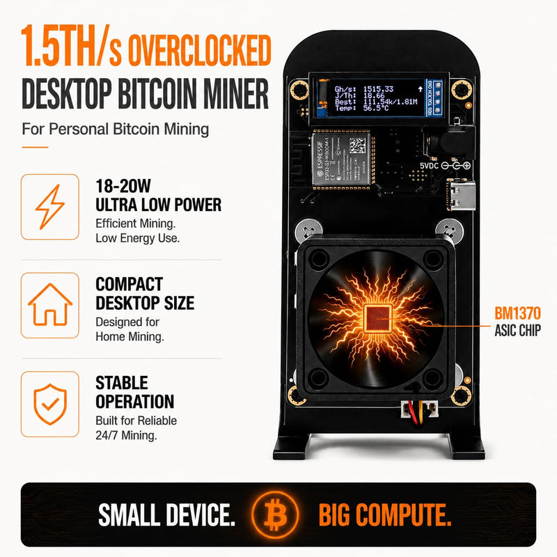 1.2-1.5TH/s Solo Bitcoin Miner Black with BM1370 ASIC Chip, Open Source | Compatible with AxeOS, ESP32 2.4GHz WiFi, OLED Display, SHA-256 Desktop Bitcoin Mining Machine - Home Crypto Mining Rig