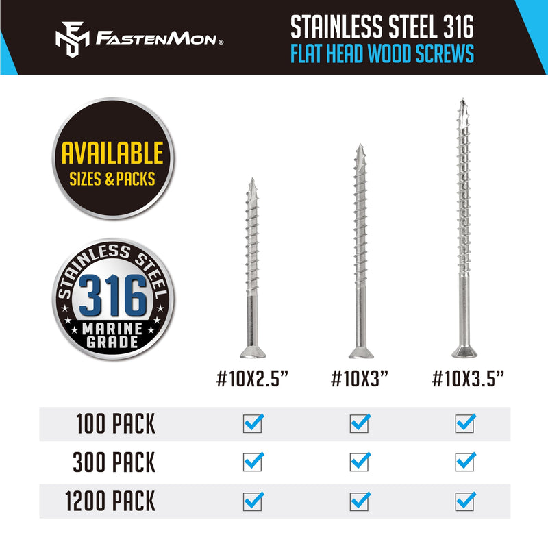 FastenMon #10 x 2-1/2" Marine Grade Type 316 Stainless Steel Wood Screws - 100 Pack with T25 Bit – Torx Flat Head Type 17 Point Ideal for Decks, Fences, and Coastal Construction 100 PCS