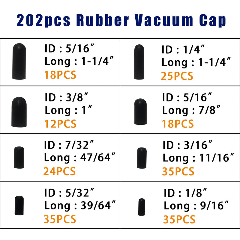 Vacuum Caps Rubber Plug Kit - 202 PCS 8 Size Assorted Vacuum Plugs Hose End Caps Assortment Kit for Carburetor, Manifold, Automotive 3/16'' 5/16" 7/32" 1/4" 5/32'' 3/8'' 1/8''