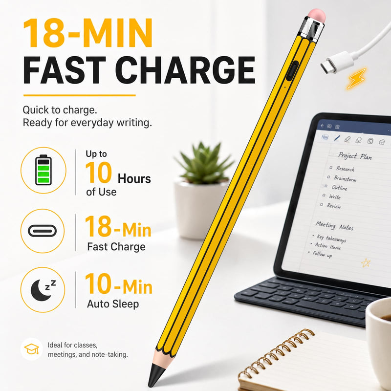 HATOKU Pencil Style Stylus Pen for Apple iPad 2018-2026, No Bluetooth Setup | 18-min Fast Charge for Notes, Sketching, and Class Tasks, Rubber End for Touchscreen Device, Tilt Sensitivity, Palm Rejection yellow black