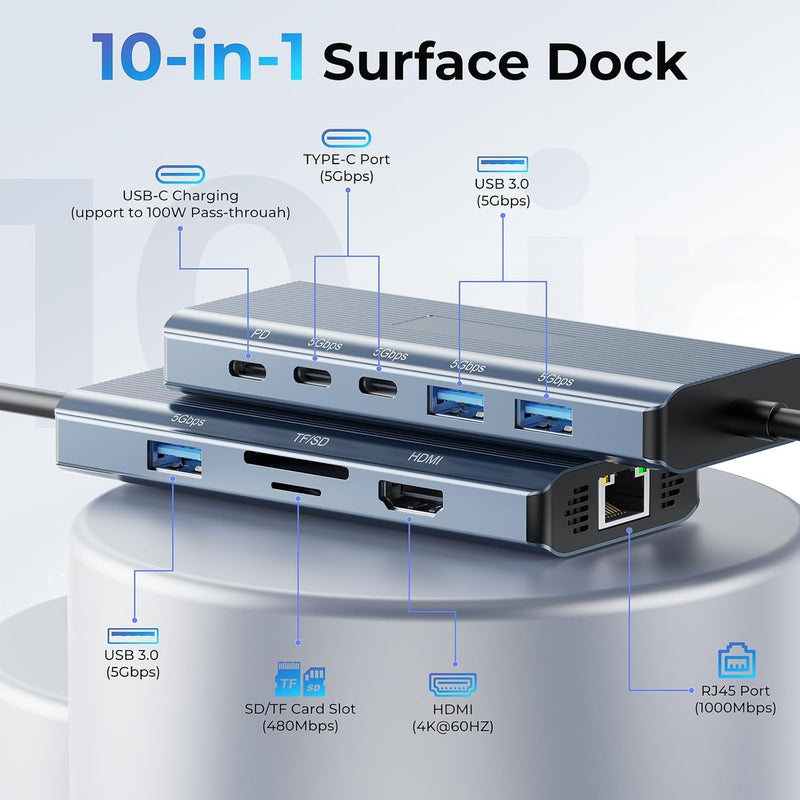 2026 New MS Surface Dock, 11-in-1 Surface Docking Station 4K@60HZ HDMI, Surface Travel Hub for Surface Pro 11/10/9/8/X/7/6/5/4/3, Surface Laptop 6/5/4/3/2/1, Laptop Go 3/2/1, Surface Book mocha