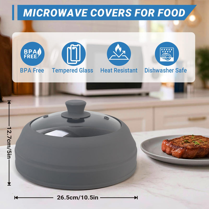 Glass Microwave Cover for Food, 10.5 Inch Collapsible Silicone Microwave Splatter Cover, Microwave Splatter Cover Glass, Microwave Food Cover for Pot Plate, Heat Resistant, BPA-Free, Dishwasher Safe