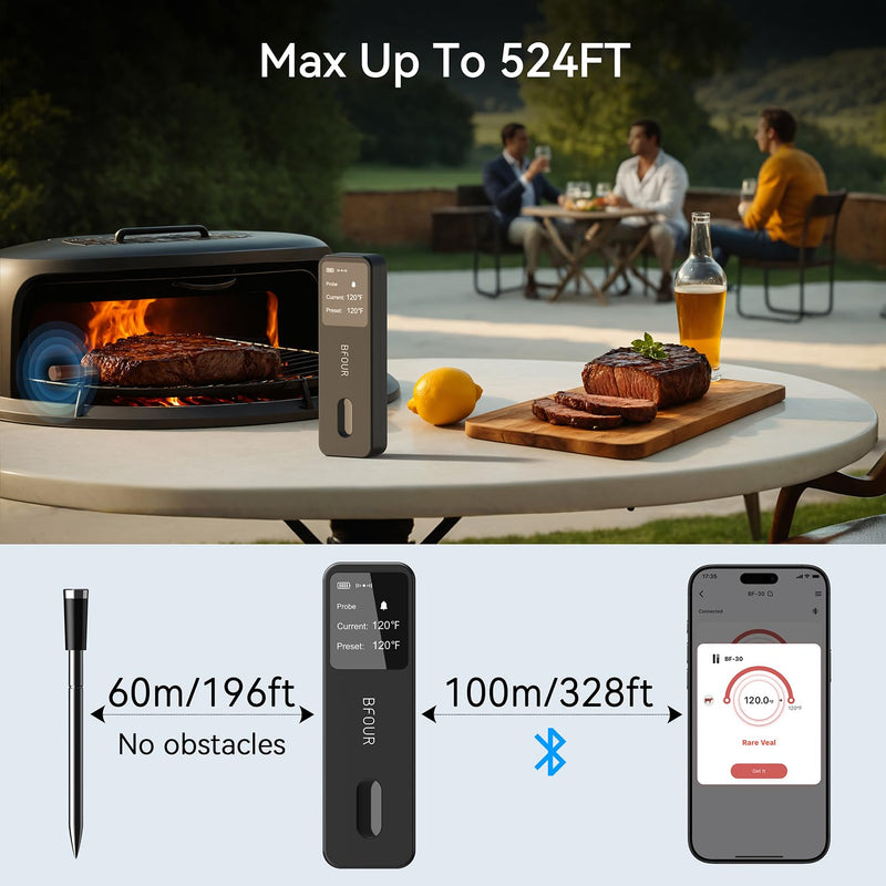 BFOUR Meat Thermometer Digital Wireless with LCD Booster, Bluetooth Food Cooking Thermometer with Smart App, 524FT Remote Range, 100% Waterproof & 752°F Heat Resistant Probe for BBQ Oven Grill Smoker Black