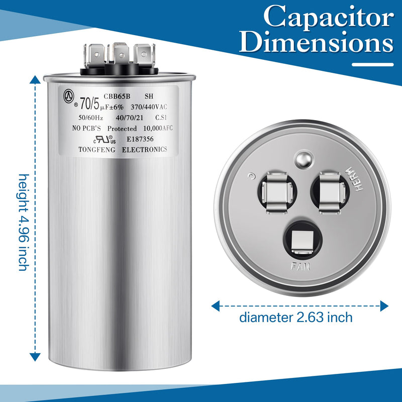 Umigy 2 Pack 70/5 uF 70+5 MFD 370/440VAC Dual Run Round Capacitor, CBB65B Air Conditioner Capacitors for AC Motor Run, Condenser Straight Cool, Heat Pump, Fan Start, Pool Pump, HVAC Capacitor 70+5 uF